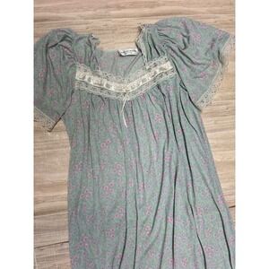 Miss Elaine Classics Floral Lace Trim Nightgown Mint Pink Short Sleeve Maxi XL